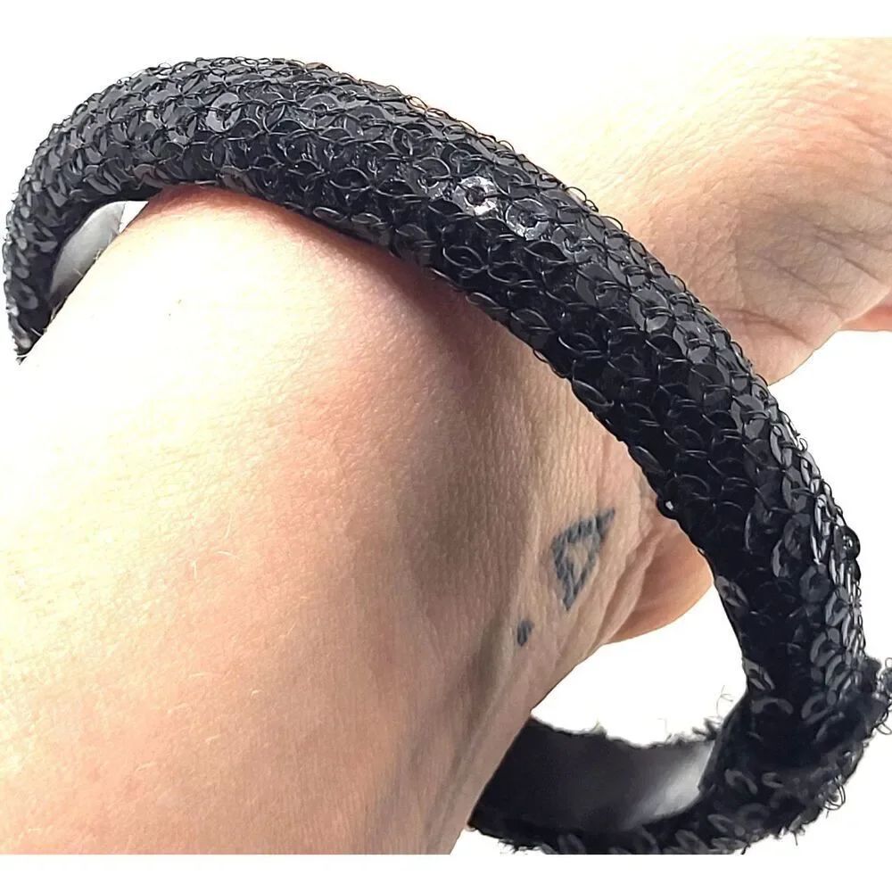 Vintage 80s Black Sequin Acrylic Bangle Bracelet  2.5in Dia